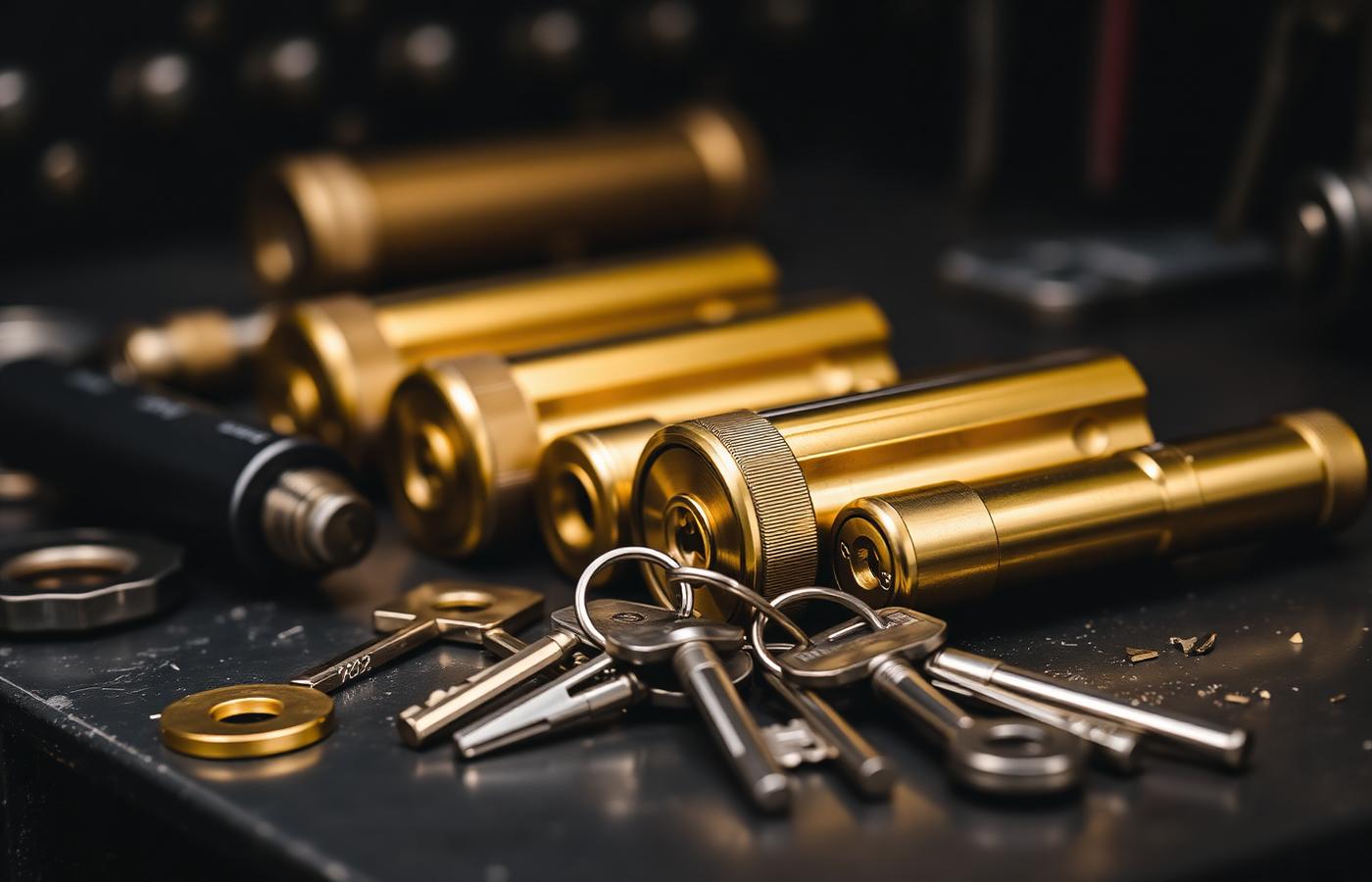 Brass lock cylinders, keys and locksmith tools laid out on a workbench